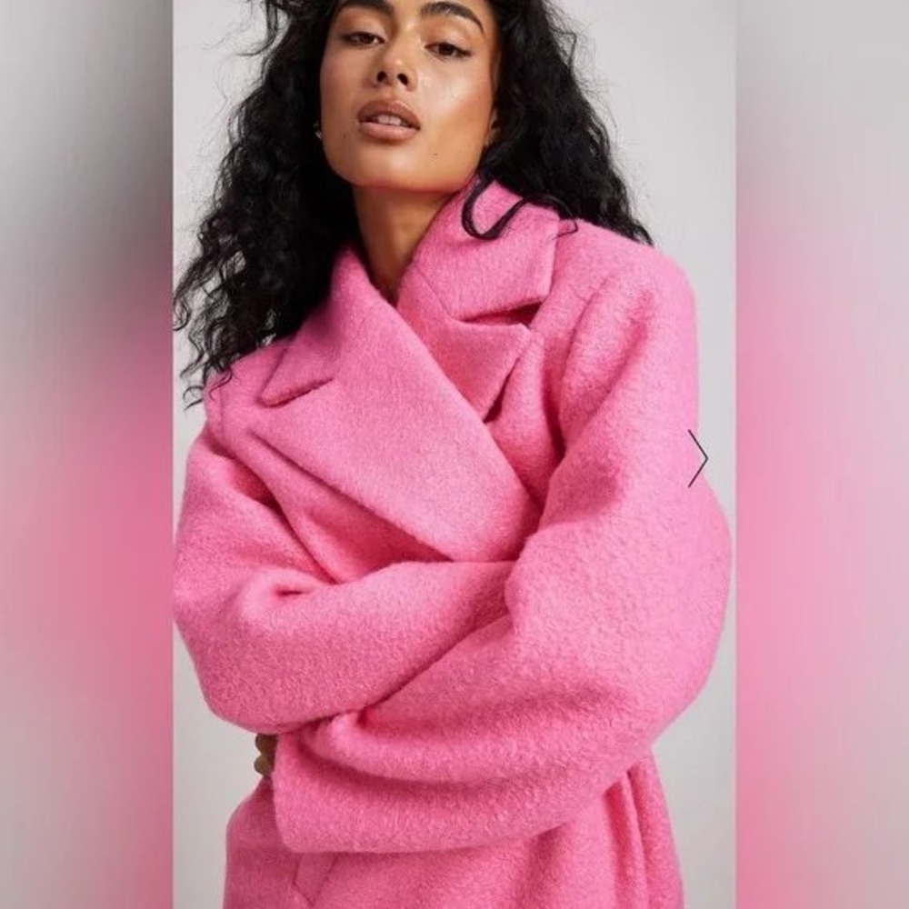 NA-KD Longline Boucle Wool Blend Coat‎ Hot Pink Oversized Single Button Size 36 - Picture 2 of 9